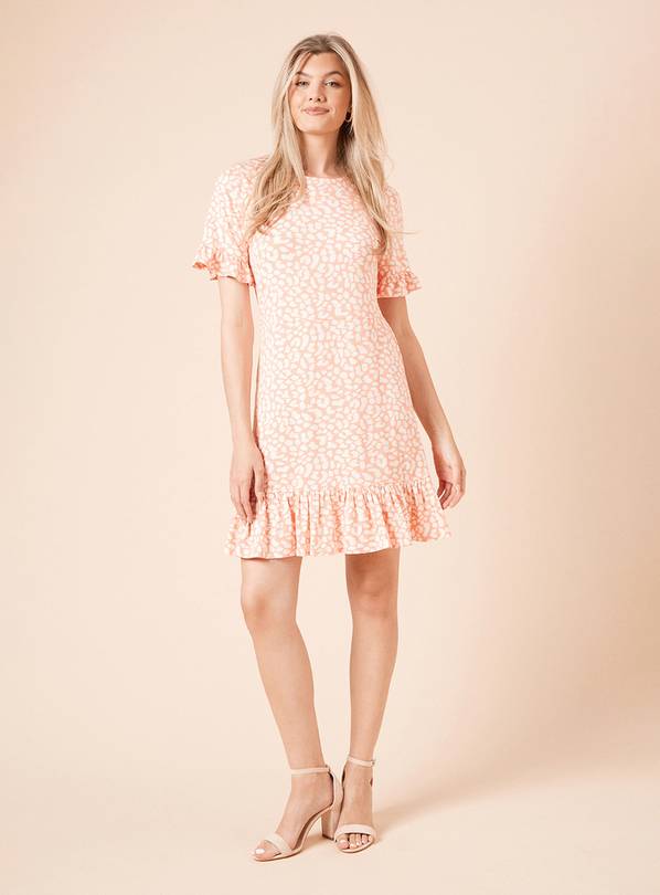 DOROTHY PERKINS Coral Animal Short Sleeve Frill Hem Mini Dress 18